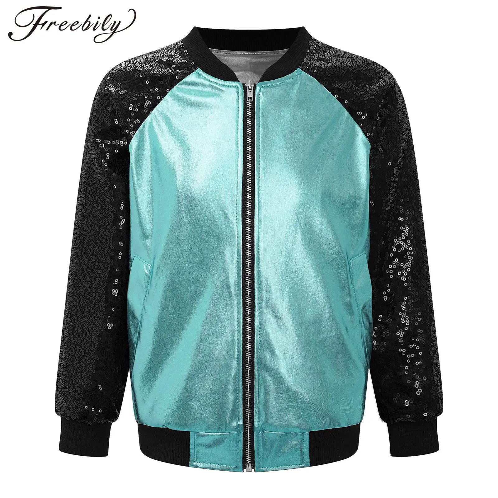 

Kid Girls Bomber Jacket Shiny Sequin Raglan Long Sleeve Zip Up Jackets for Hip Hop Latin Jazz Dance Stage Performance Streetwear