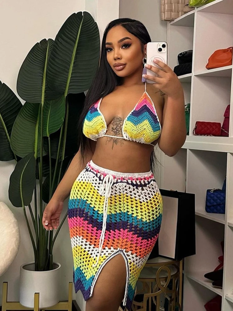 Rainbow Color Knitted Beachwear Two Piece Set for Women 2023 Summer Bikini Tops + Drawstring Midi Dress Female Outfits y2k
Rainbow Color Knitted Beachwear Two Piece Set for Women 2023 Summer Bikini Tops + Drawstring Midi Dress Female Outfits y2k