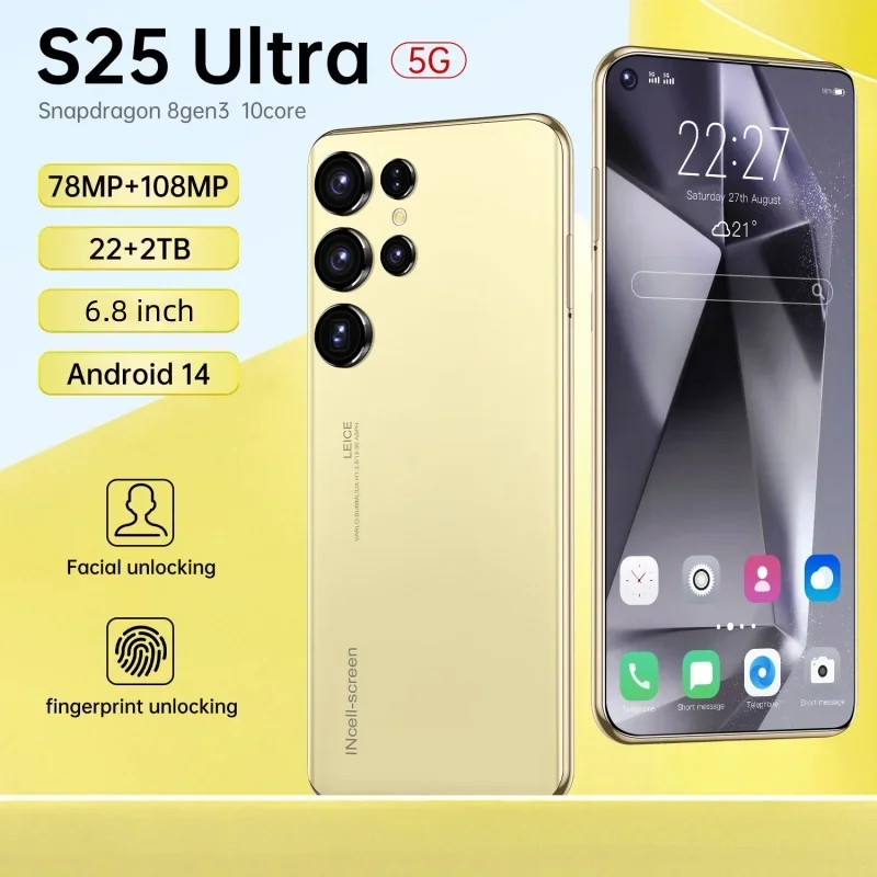 

Mobile Phones S25 Ultra 6.8 HD Screen Smart Phone Original 22G+2T 5G Dual Sim Celulares Android Unlocked 108MP 7800mAh S23 Ultra