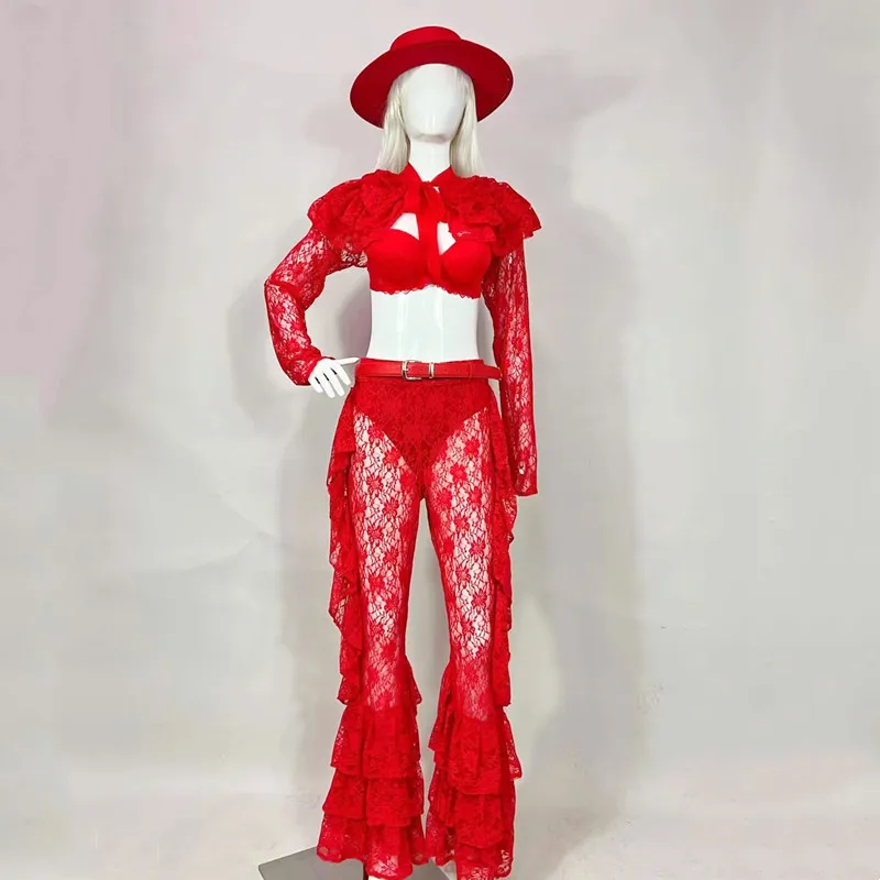

Nightclub Bar DJ Dancer Team Sexy Gogo Costume Jazz Dance Stage Wear Red Lace Top Pants Party Show Festival Rave Outfits