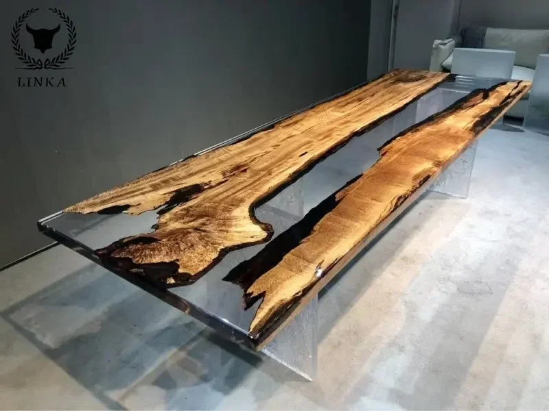 

Gold camphor resin solid wood board square Unique design interior luxury dining room furniture river table top epoxy resin