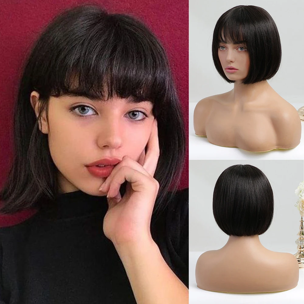 

Jet Black Bob Human Hair Wig Remy Hair Bone Straight Bang Wig Machine Made Glueless Natural Wigs for Women Daily Use HAIRCUBE