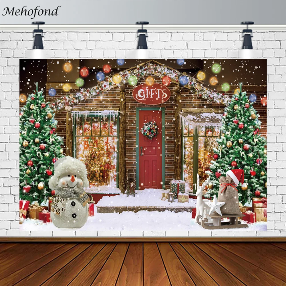 

Mehofond Christmas Gift Shop Backdrop Snowman Xmas Tree Snow Outdoor Portrait Photoshoot Photo Studio Photography Prop Photocall