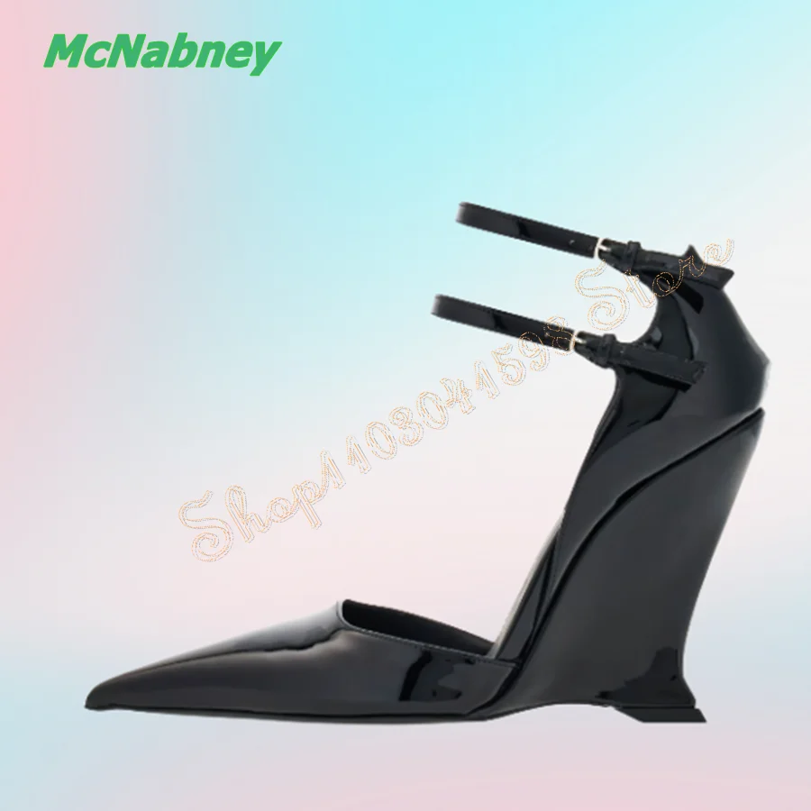 

Pointed Toe Leather Pumps Fashionable Wedge Heel Buckle Women's Shoes Wedding Party HIgh HIgh Heels 2024 New Zapatos Para Mujere