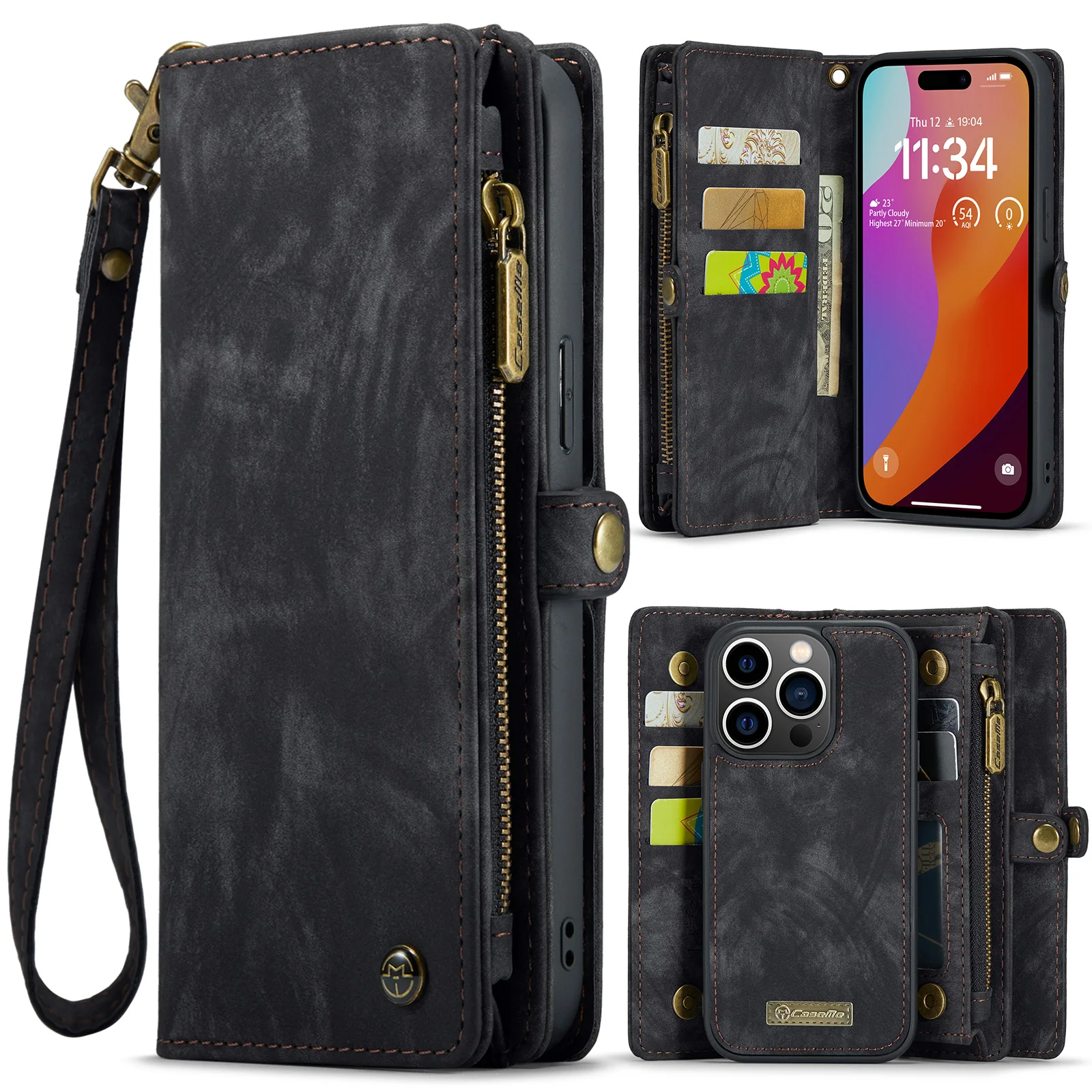 

CaseMe Retro Leather Detachable Zipper Multiple Card Holder Wallet Case For iPhone 15 Pro Max 14 13 12 11 XR X 8 Kickstand Cover