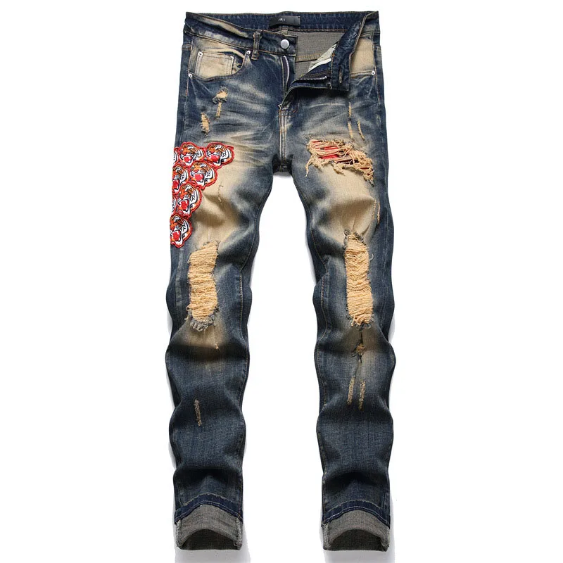 

2024 New Men Retro Blue Animal Embroidery Jeans Streetwear Holes Ripped Denim Pants Mens Hip Hop Slim Jean Hombre Trousers