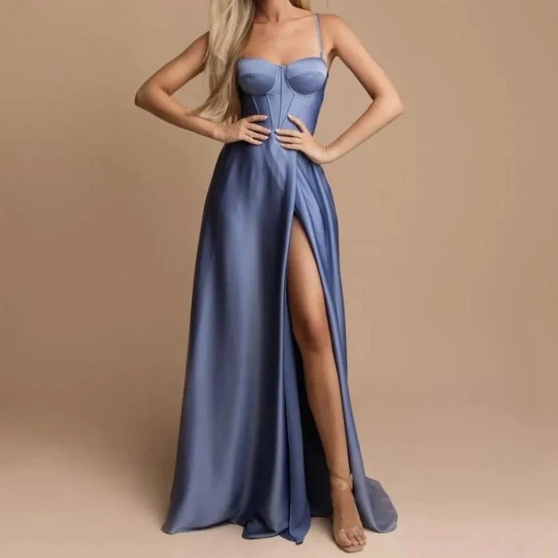 

Euramerican Fashion Popular Spaghetti Straps Satin Evening Cocktail Dresses High End Simple Solid Slim Fit Gown Sexy Split Dress