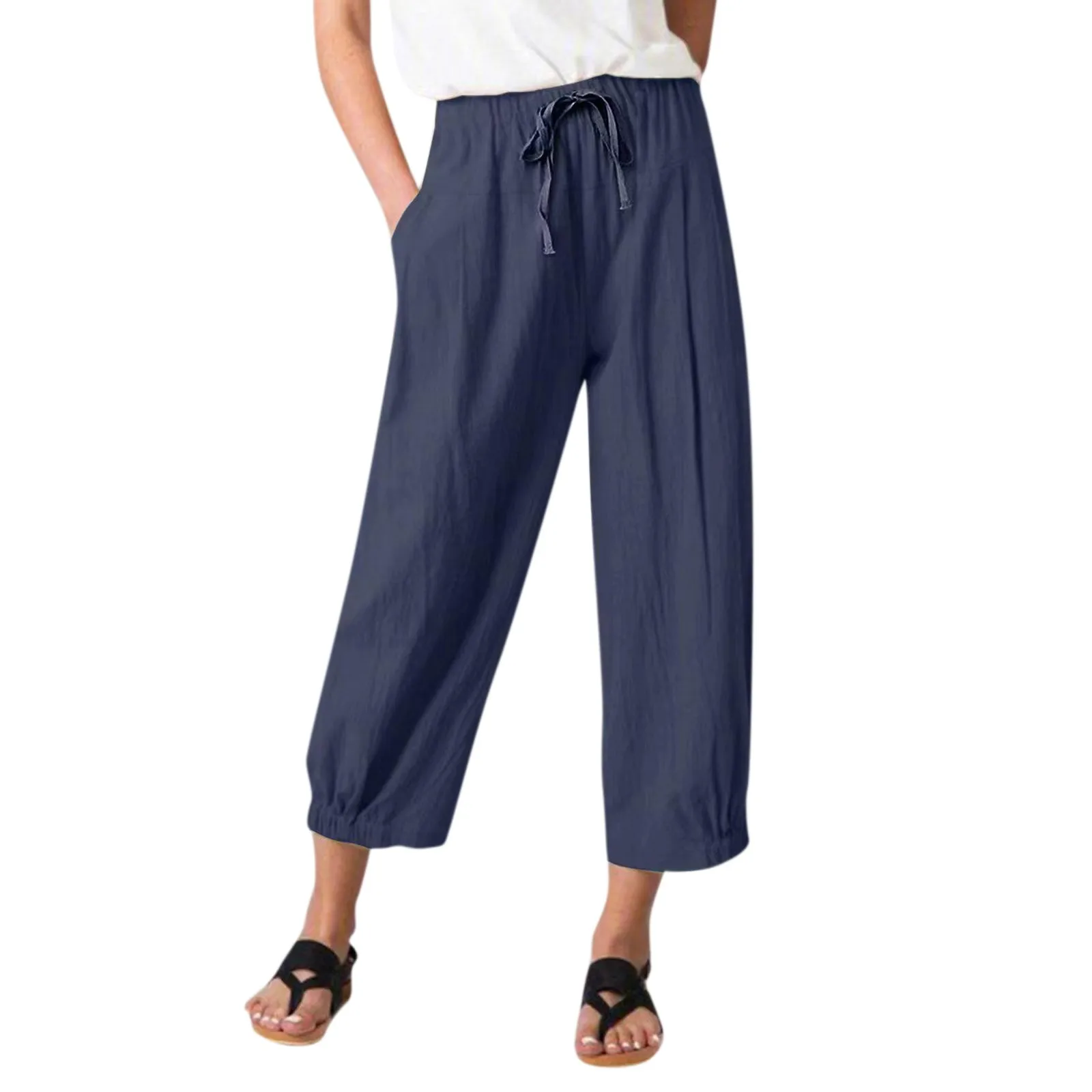 

Women's Casual And Fashionable Cotton And Linen Drawstring Cropped Pants With Pockets And Wide Leg Pants pantalon femme