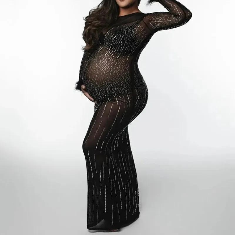 

Maternity Party Sexy Shiny Long Dress Perspective Sheer Diamond Pregnant Women's Wear Studio Photography Prop