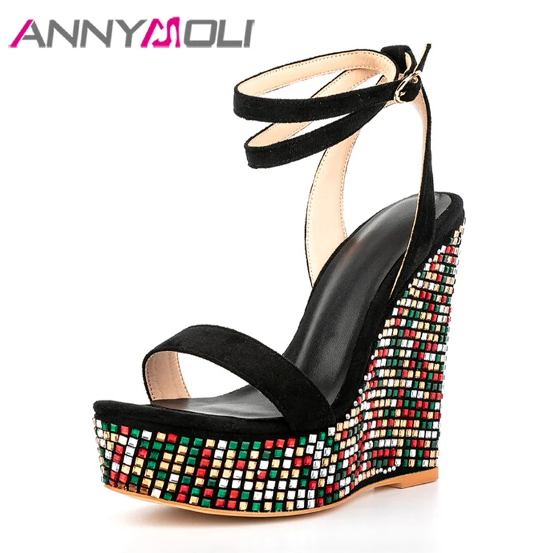 

ANNYMOLI Women Pu Leather Sandals Platform Wedge Super High Heels Ankle Strap Crystal Sexy Concise Party Summer Shoes 35-45