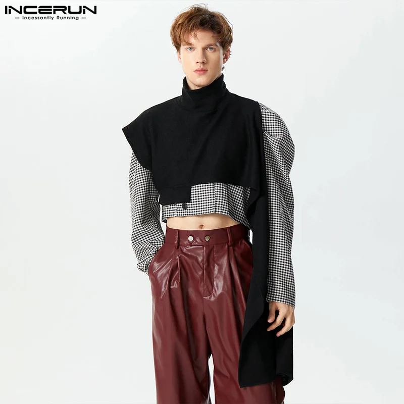 

INCERUN Tops 2023 American Style Handsome Men High Neck Knitted Cropped Sweater Casual Male Solid Sleeveless Sweater Vests S-3XL