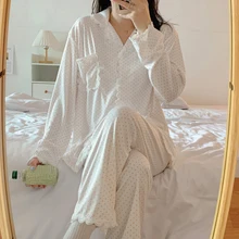 Pajamas Women Long Sleeve Long Pants Sets Spring Summer Korean Style Dot Print White Pyjamas Women Casual Loose Sleep Homewear
Pajamas Women Long Sleeve Long Pants Sets Spring Summer Korean Style Dot Print White Pyjamas Women Casual Loose Sleep Homewear