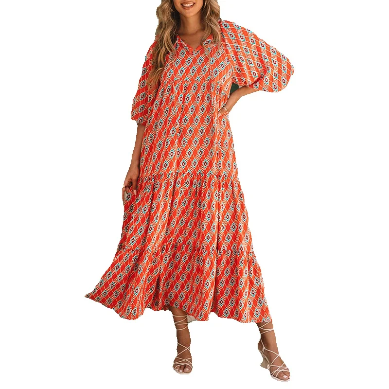 Ethnic Style Geometric Printed Dress For Women, New Summer High Waisted Bubble Sleeved Long Women
Ethnic Style Geometric Printed Dress For Women, New Summer High Waisted Bubble Sleeved Long Women