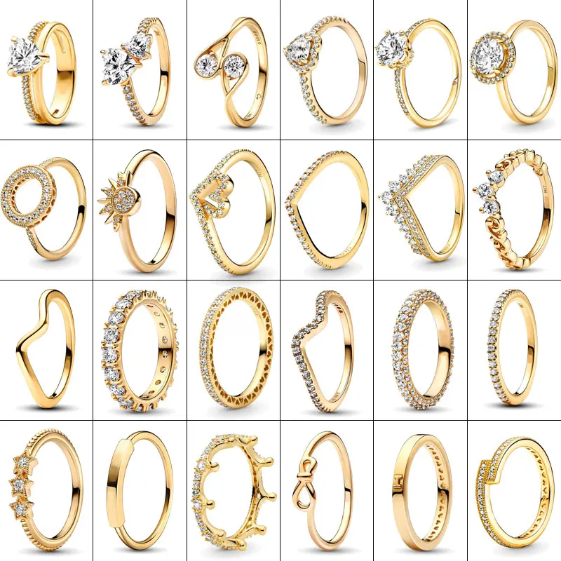 

Hot Gold Plated 925 Silver Women Ring Sparkling Double Band Heart Ring Princess Wishbone Heart Ring Pandora Ring Fine Jewelry