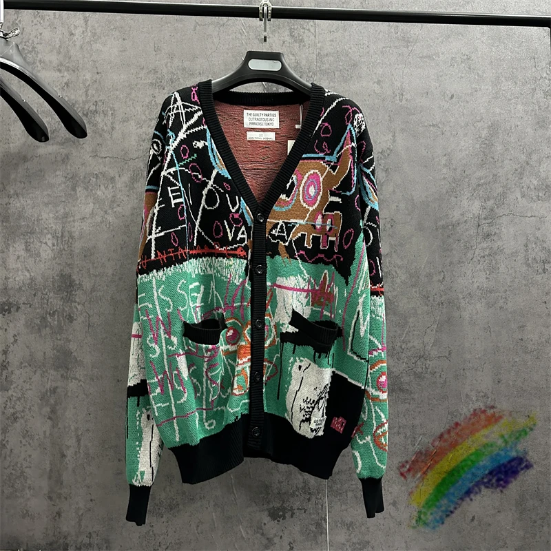 WACKO MARIA V-Neck Knitted Cardigan Sweater Men Women Full Graffiti Jacquard Color Matching WACKO MARIA Sweater Coat With Tag
WACKO MARIA V-Neck Knitted Cardigan Sweater Men Women Full Graffiti Jacquard Color Matching WACKO MARIA Sweater Coat With Tag