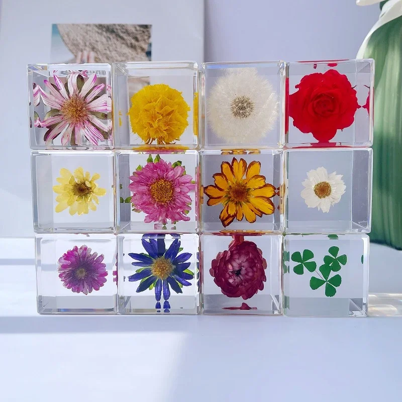 

Real Flower Resin Decoration Taraxacum Rose Specimen Cube Daisy Plant Glue Drip Finished Holiday Gift Home Decor