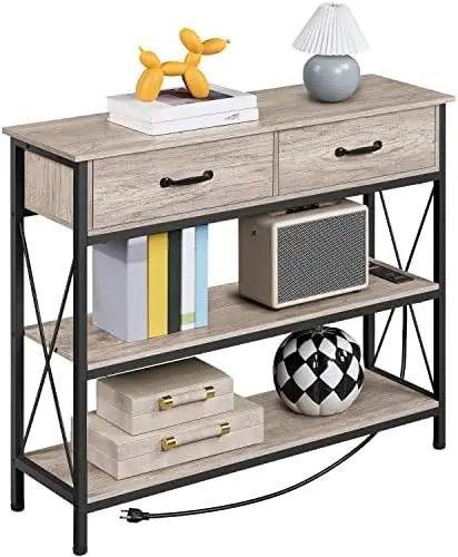 Console Table with Outlets and USB Ports, Entryway Table with 2 Drawers, 3-Tier Sofa Table with Storage Shelves for Living Room,
Console Table with Outlets and USB Ports, Entryway Table with 2 Drawers, 3-Tier Sofa Table with Storage Shelves for Living Room,