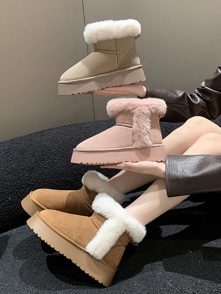 

Женские ботинки, новинка 2023, плюшевая женская обувь, австралийская обувь с круглым носком, на плоской подошве, зимняя обувь, сабо, на платформе, с мехом, кожаные женские сапоги для снега