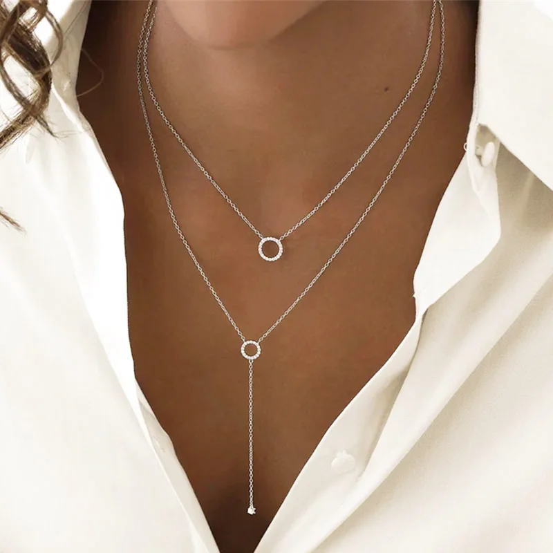 

S925 Sterling Silver Double-Deck Circle Zircon Pendant Long O-Chain Choker Necklace 2024 Spring Women Wedding Fine Jewelry