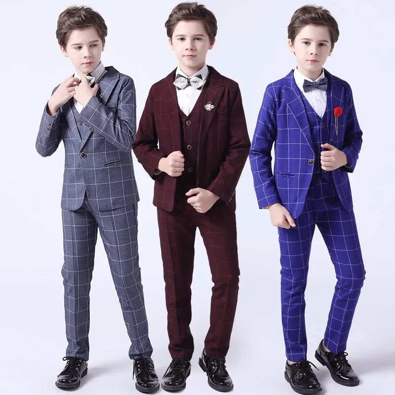 

Fashion Boy Formal Suit Kids Quality Plaid Tuxedo Wedding Set Teenager Child Blazer Bowtie Pants Shirt Party Performance Costume