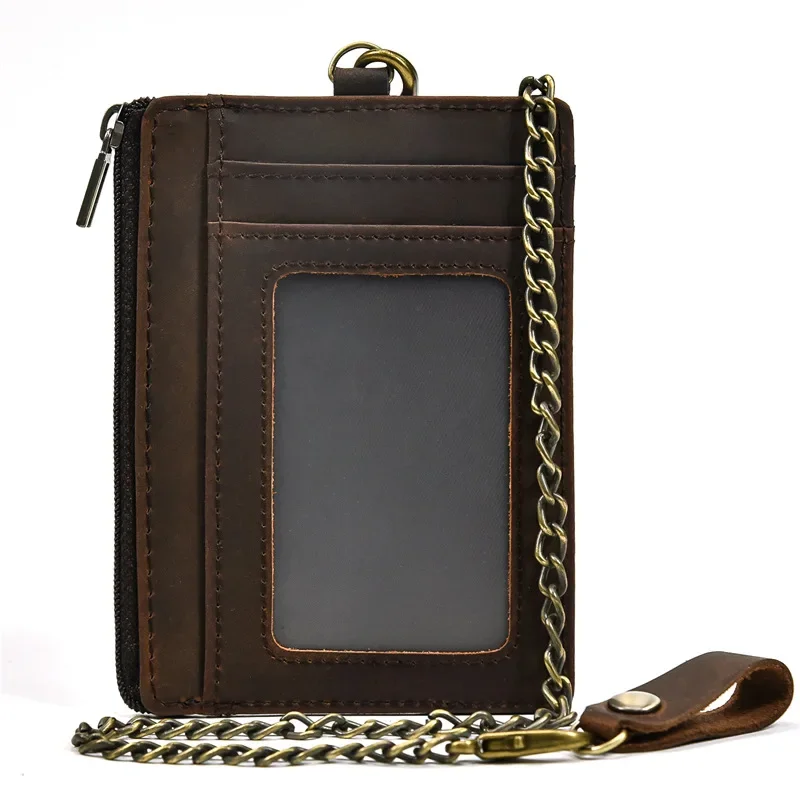 

Genuine Leather Card Holder with Vintage Crazy Horse Leather, Multiple Card Slots,Chain and Anti-theft Function