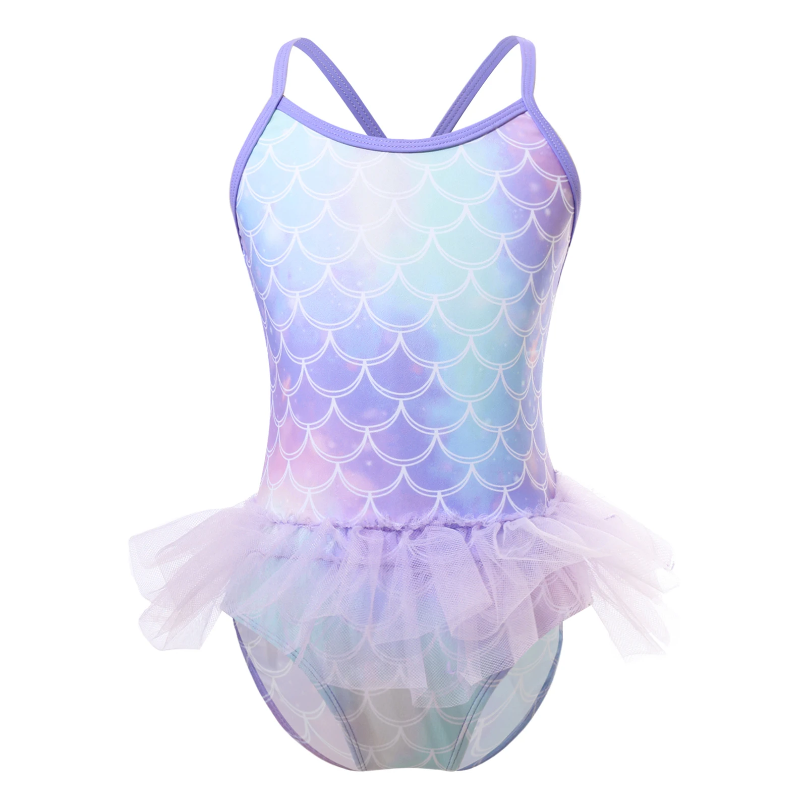 

Summer Kids Girls One-piece Fish Scales Print Swimwear Straps Sleeveless Mesh Lavender Jumpsuit Swimsuit for Swimming Surfing