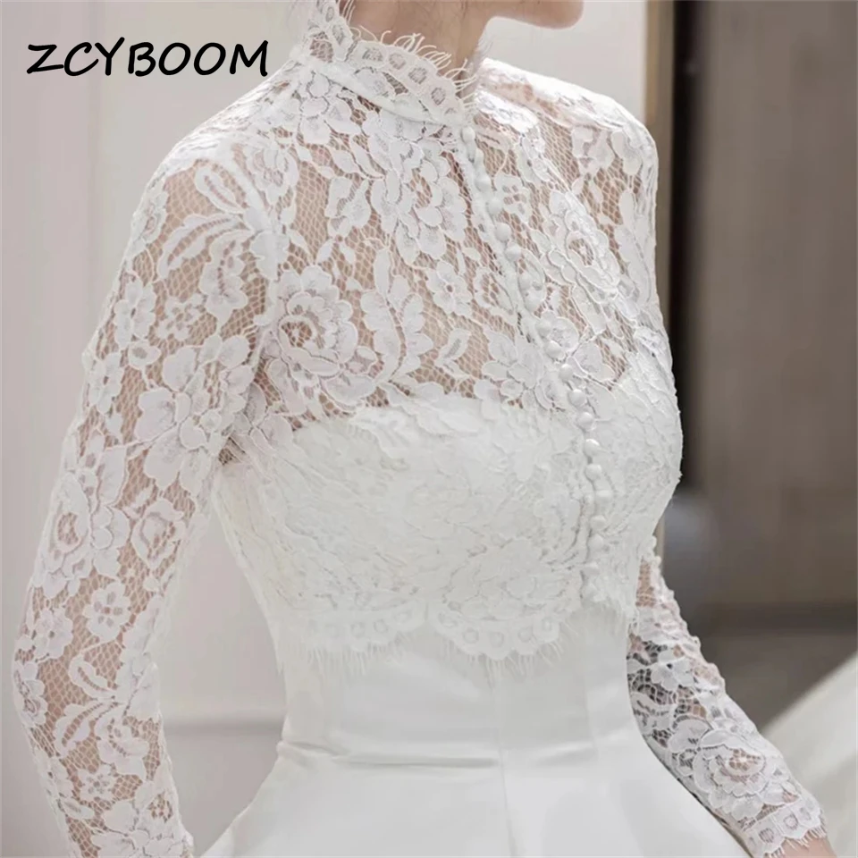 

Elegant Lace Button High Neck Illusion A-line Simple Wedding Dresses 2024 Sweep Train Full Sleeves Bridal Gowns Vestido De Noiva