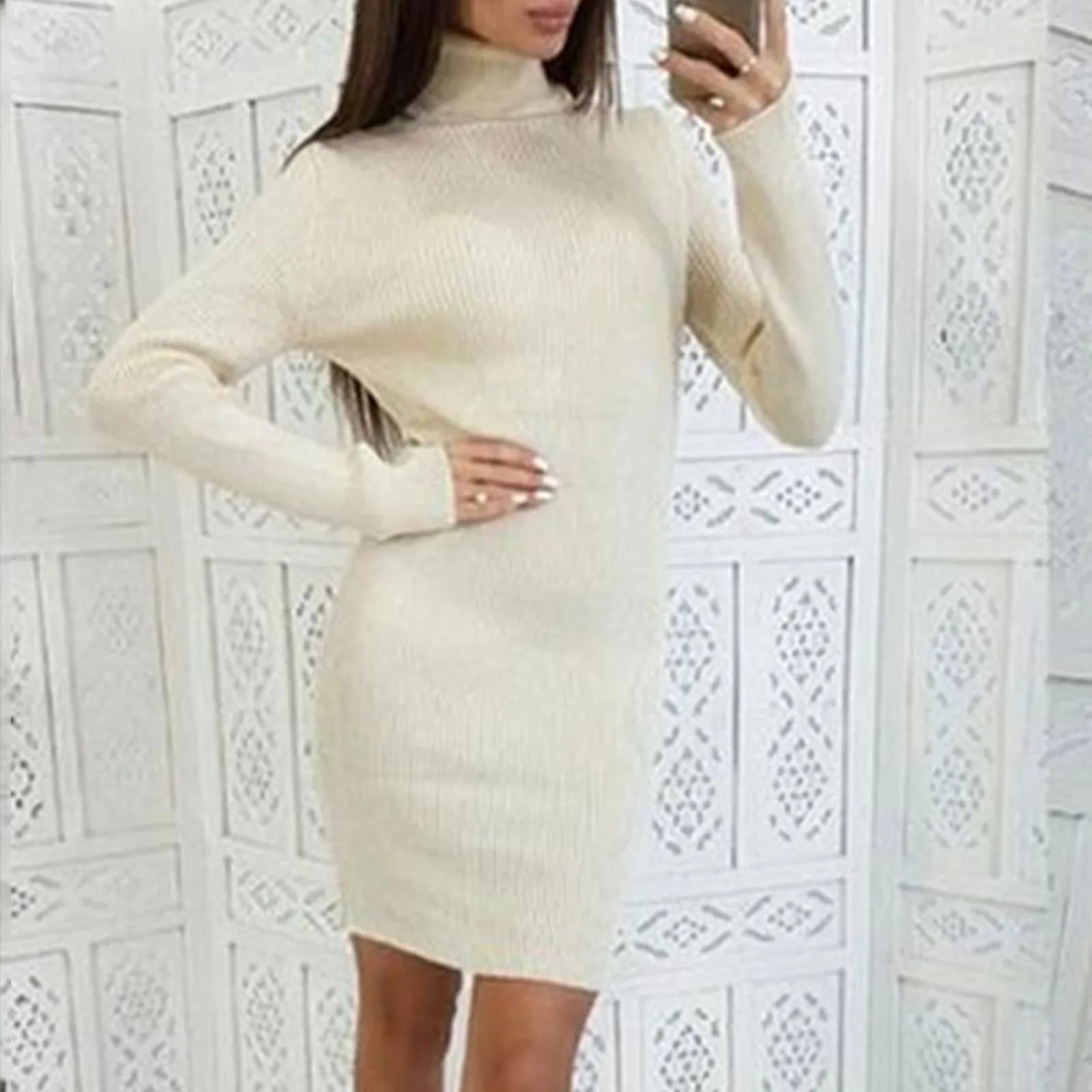 

Casual Turtleneck Knitted Dresses Women Long Sleeve Elegant Women Solid Color Mini Pencil Dress 2023 Autumn Winter Warm Dress