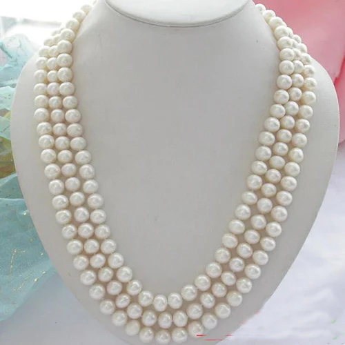 

Favorite Pearl Jewelry,3Rows 20'' 9-10mm White Round Freshwater Real Pearl Necklace,Classic Wedding Birthday Party Women Gift