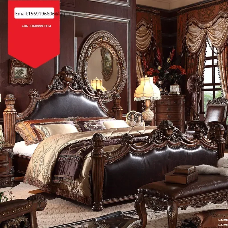 

American bed double solid wood master bedroom carved pillar wedding leather art European leather bed