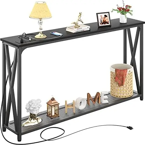 

Console Table with LED Strip Light & Recessed Power Strip, 47 Inch Sofa Entry Table with 2 AC Outlets & 2 USB Ports, Ind Paper l