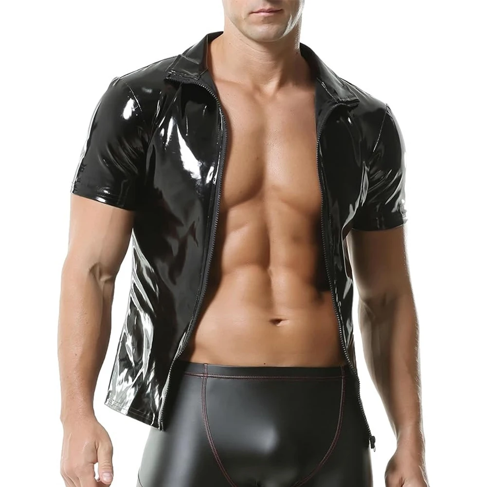 Fashion Men‘s Black Wet Look PU Leather Shirts And Blouses Zip-up Short Sleeve Nightclub Stage Lapel Tops Dance Clubwear Shirt
Fashion Men‘s Black Wet Look PU Leather Shirts And Blouses Zip-up Short Sleeve Nightclub Stage Lapel Tops Dance Clubwear Shirt