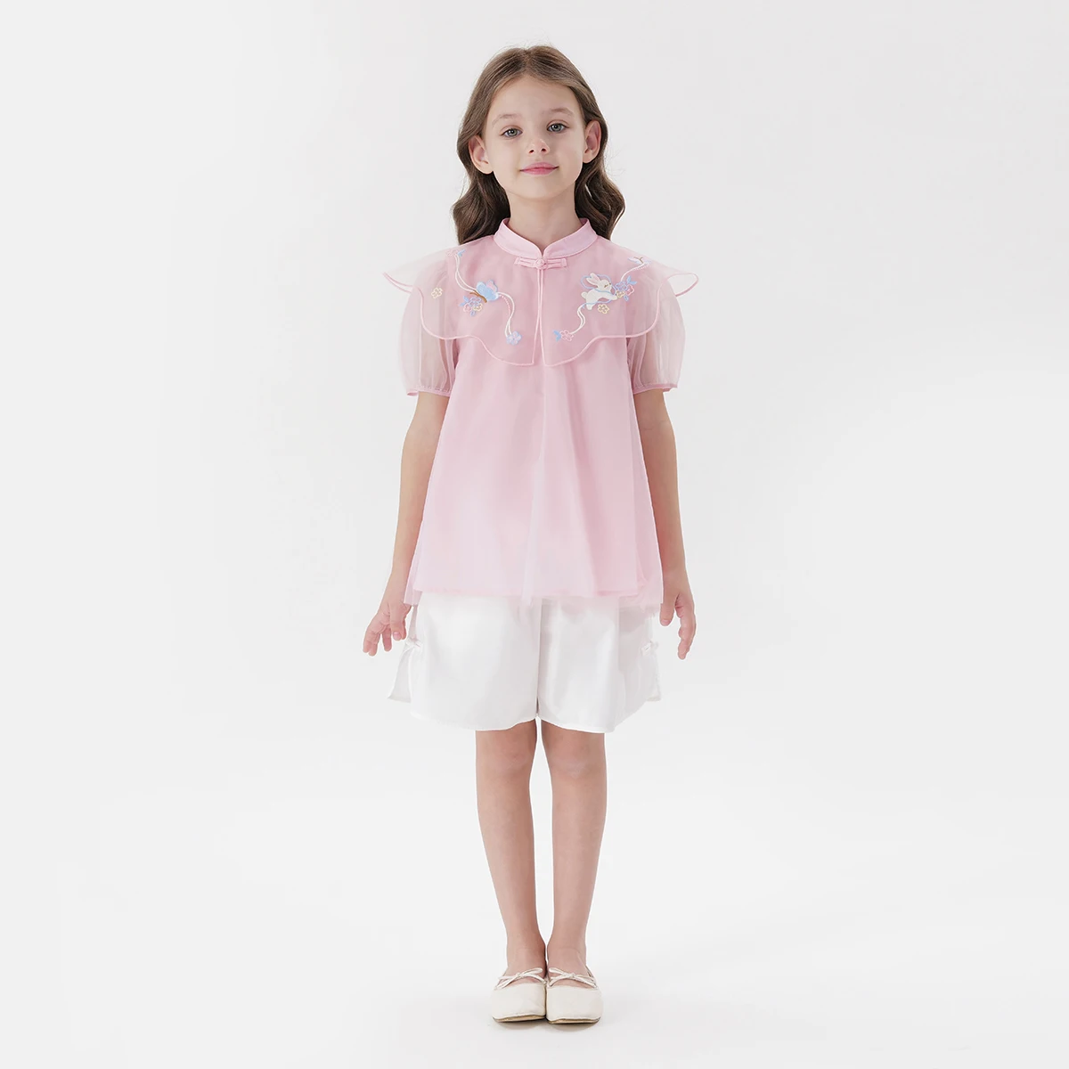 

MARC&JANIE Girls Embroidered Jade Rabbit Cloud Shoulder Short Sleeve Set for Summer 240707