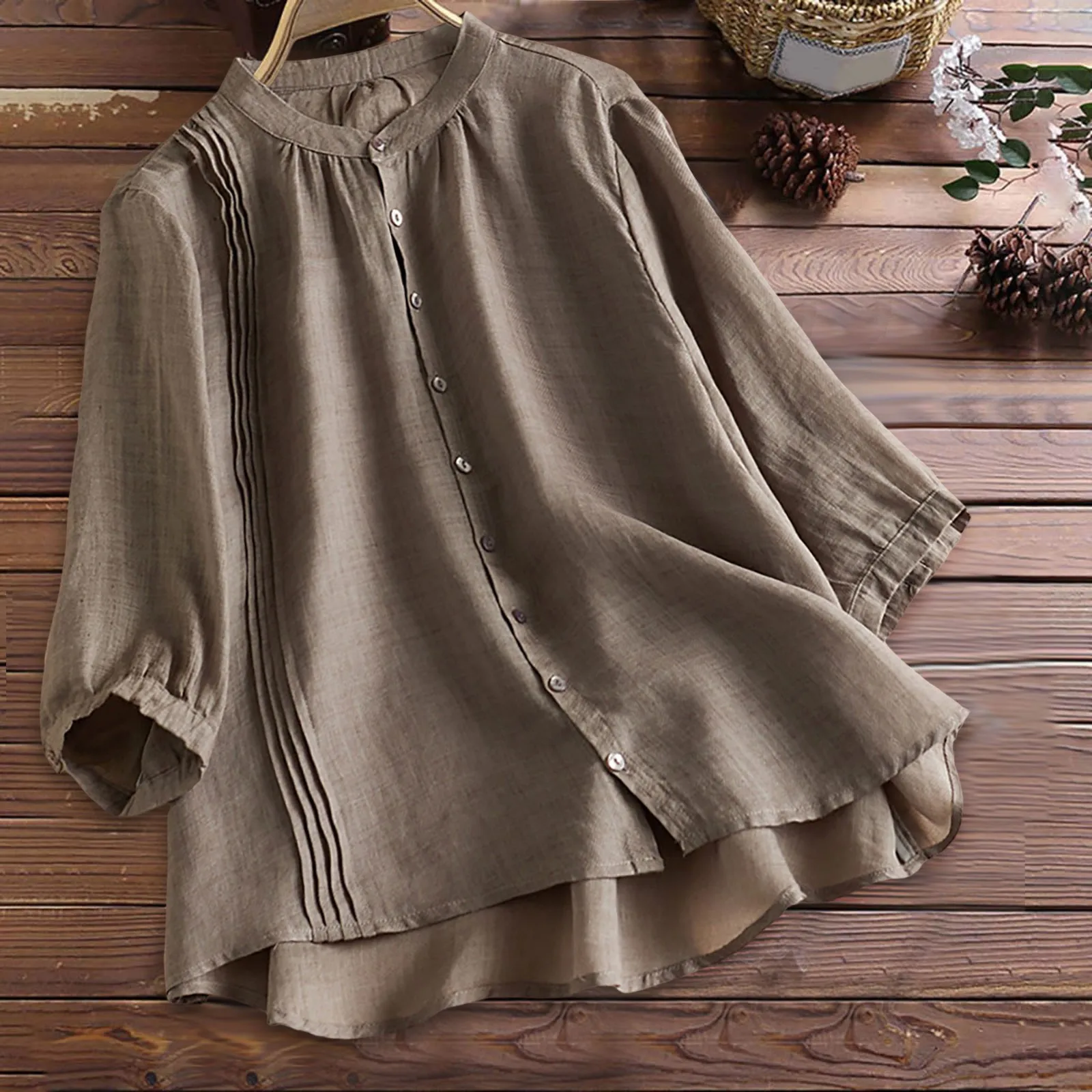 

2024 Summer Female Casual Ruffles Tunic Tops Women 3/4 Sleeve Blouse Vintage Ruffles Blouse Solid Shirt Buttons Blusa Oversize