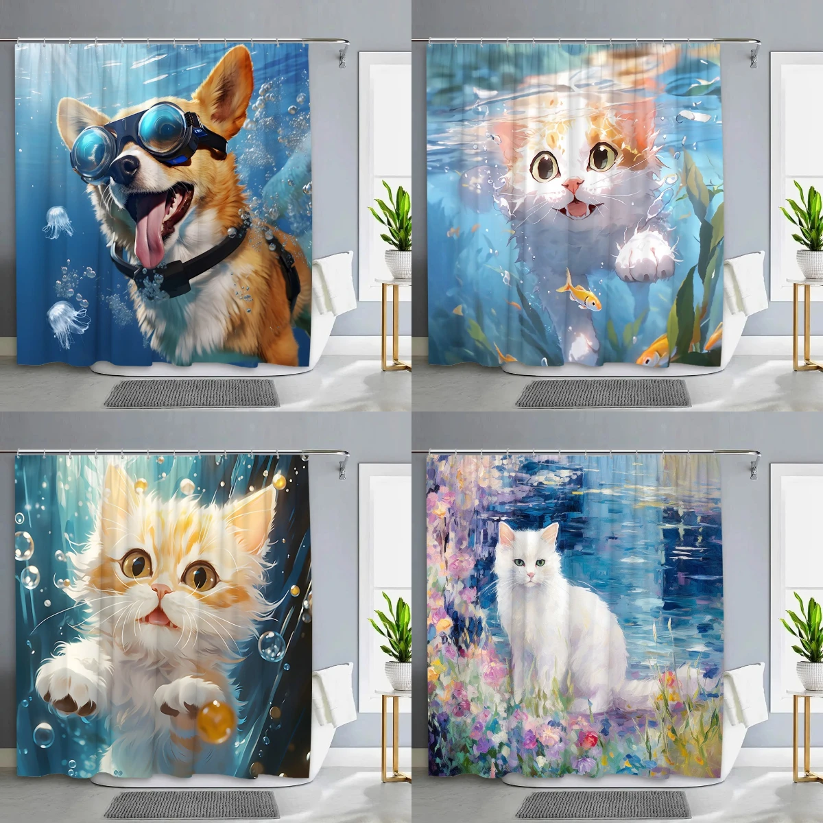 

Funny Animal Cartoon Shower Curtain Kid Diving Cat Dog Ocean Turtle Coral Farm Cute Polyester Fabric Bathroom Home Decor Curtain