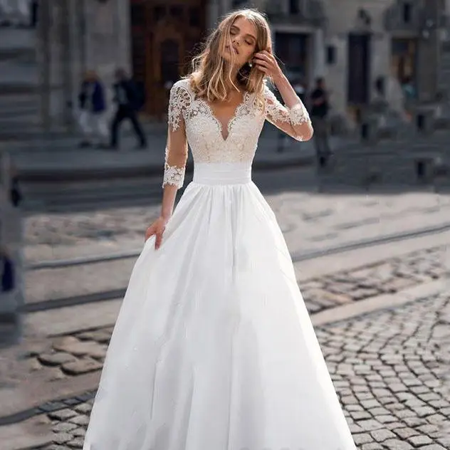 

2023 сексуальное свадебное платье в стиле бохо, кружевные аппликации, V-образный вырез, рукав до локтя, современные свадебные пляжные атласные простые наряды, свадебные платья
