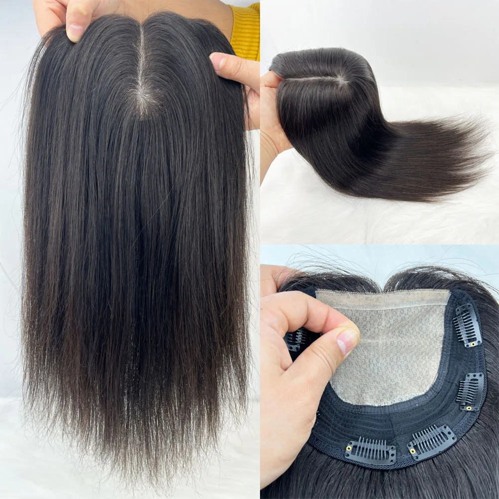 

Closed Weft Skin Base Silk Top Women Toupee 6X6inch European Virgin Human Hair Topper None Lace Closure 6 Clips In Hairpiece