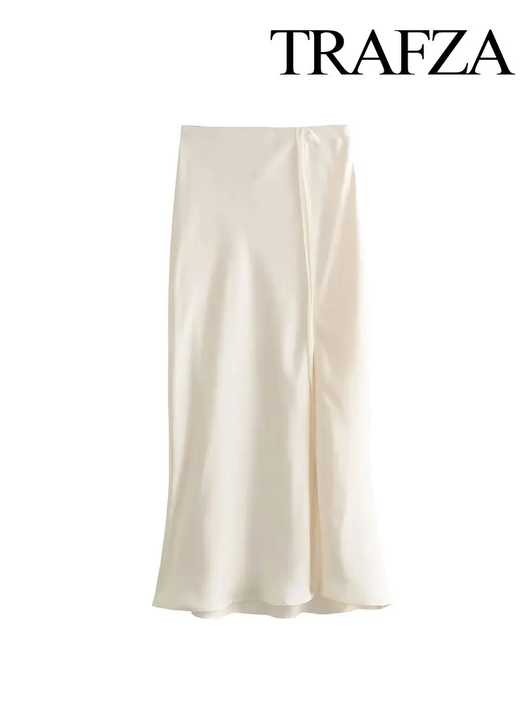 

TRAFZA Women's Summer New Slim Fit Fishtail Skirt Fashionable Sexy High Waist Splicing Silk Texture Women's Front Slit Skirt