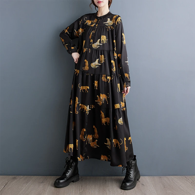 

Шикарное свободное осеннее платье-блузка в европейском и американском стиле с леопардовым принтом в стиле пэчворк для девушек модное женское весеннее Повседневное платье с оборками