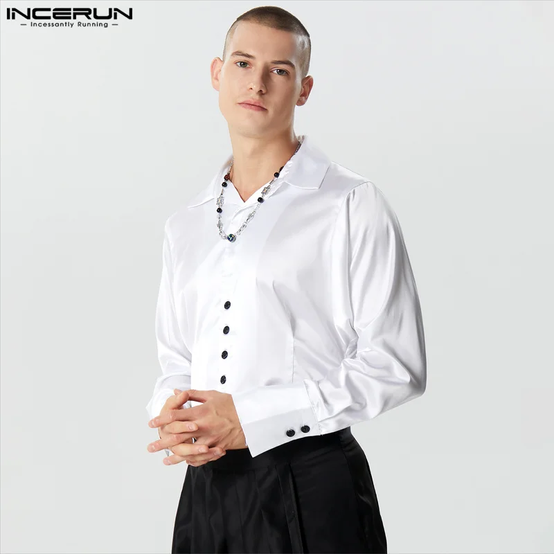 

Men Irregular Shirt Solid Color Lapel Long Sleeve Button Fashion Men Clothing Streetwear 2023 Satin Casual Camisas S-5XL INCERUN