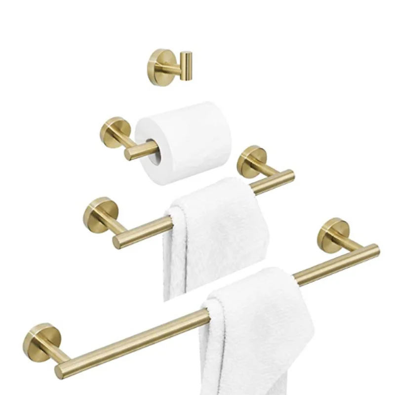 

Stainless Steel Hardware Brushed Gold Wall Mount Tissue Hook Bath Single Roll Toilet Bathroom Accessories Towel Bar Set