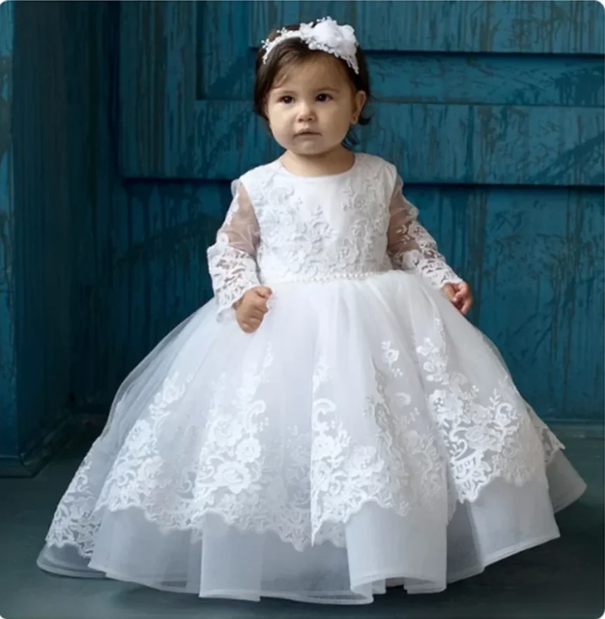 

Белые кружевные платья с цветочным рисунком для девочек, пышные платья с длинным рукавом для свадеб, детского дня рождения, платье для крестины, платья для первого причастия