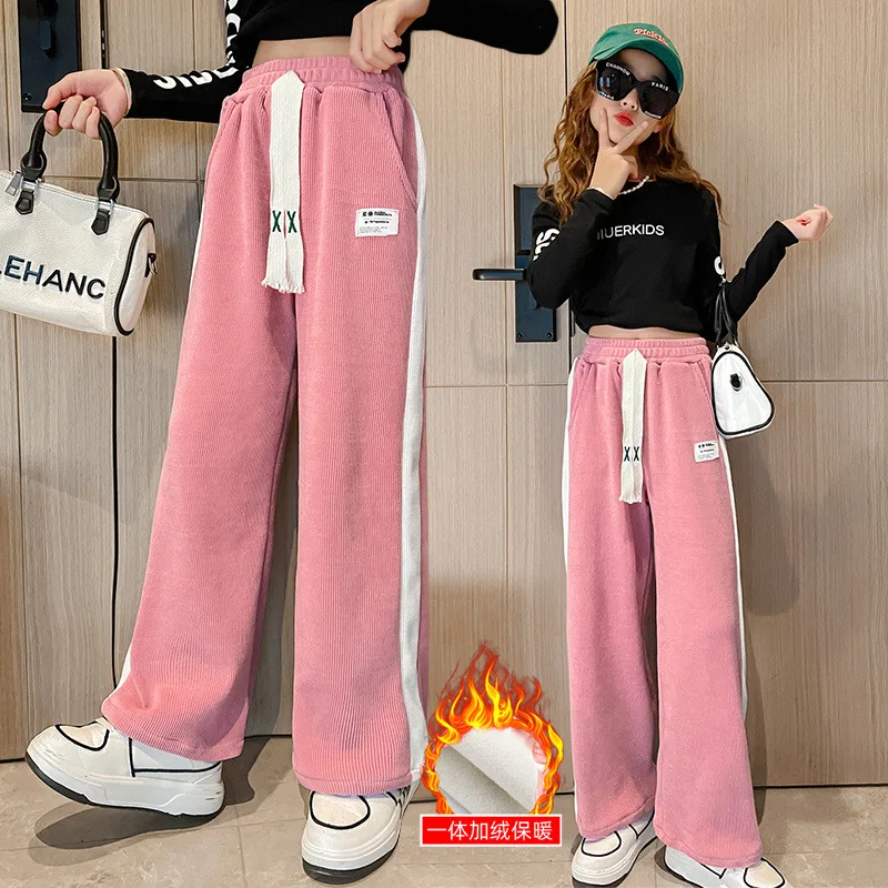 Thicken Warm Wide Trousers for Girls New Lace Up Thermal Velvet Straight Pants Autumn Winter Kids Basic Black Baggy Pants
Thicken Warm Wide Trousers for Girls New Lace Up Thermal Velvet Straight Pants Autumn Winter Kids Basic Black Baggy Pants