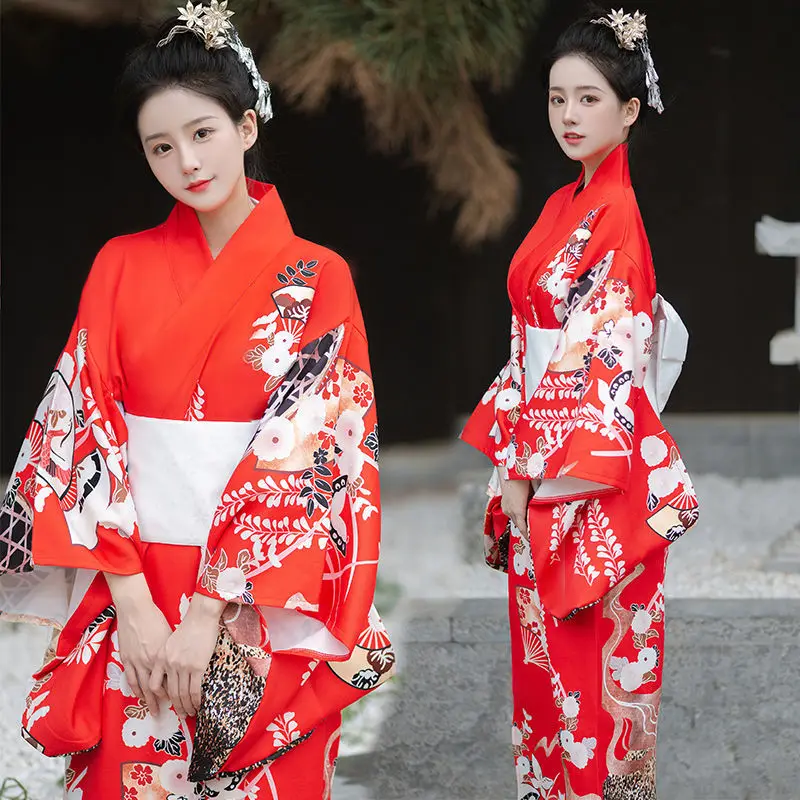 

Fashion National Trends Women Sexy Kimono Yukata With Obi Novelty Evening Dress Japanese Cosplay Costume Red One Size
