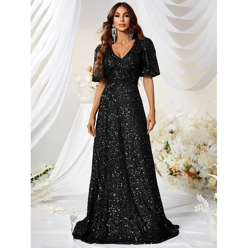 

Vestido de festa Women Elegant Summer short sleeve V Neck Black Sequined Party Cocktail Prom Evening Long Maxi Mermaid Dress