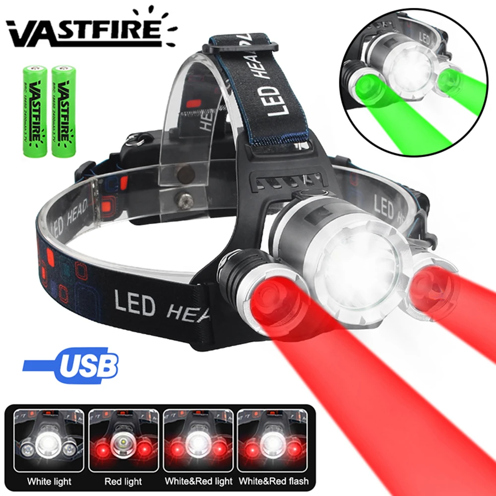 

Headlamp Dual Luminus Hunting Headlight Green/Red/UV 395nm+White USB Rechargeable LED Outdoor Tactical Working Lamp for Camping
