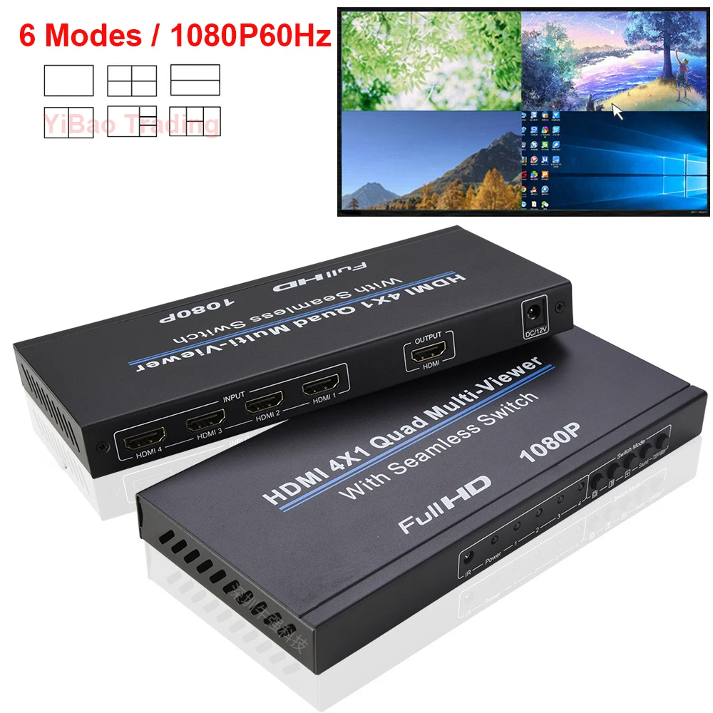 

HDMI 4x1 Multi-viewer Seamless Switcher 4 Port HDMI Quad Screen Multi Viewer Splitter 4 In 1 Out with IR Fr PC DVD To TV Monitor