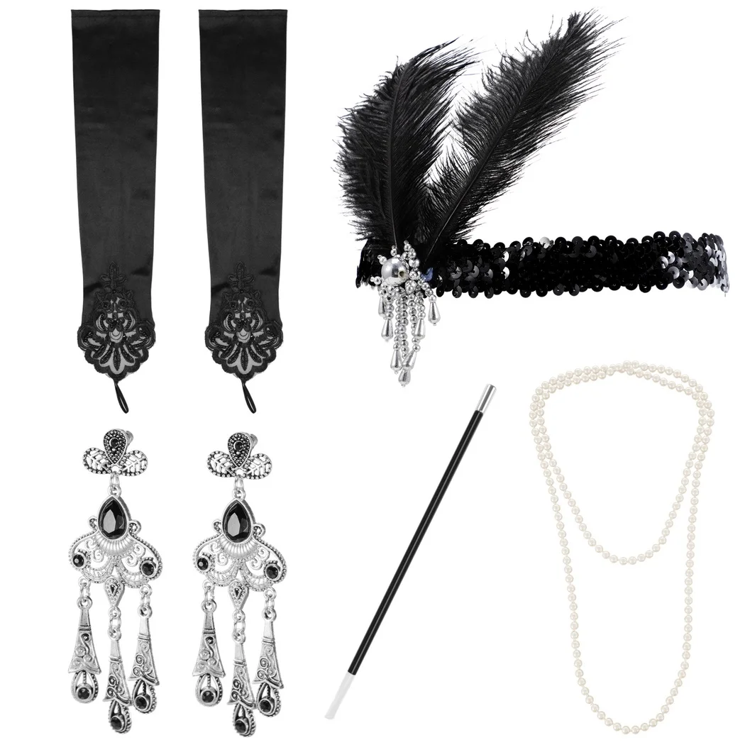 

1920s Great Gatsby For Women Roaring Twenties’ Decor Accessories Set Flapper Headwear Pearl Necklace Satin Gloves Earrings