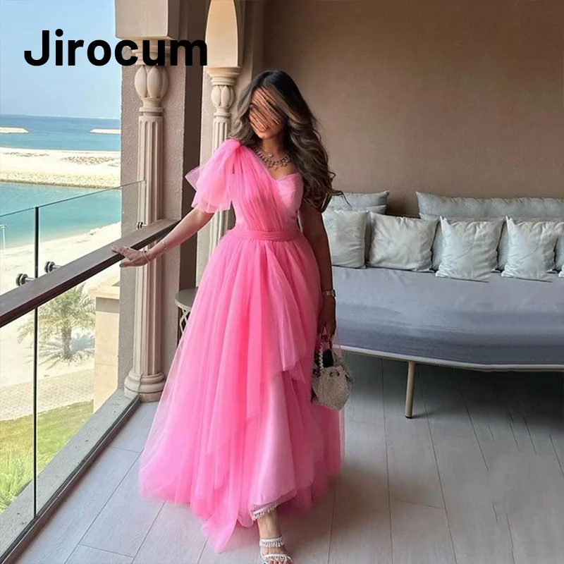 

Jirocum A-line Tulle Evening Dress Women's One Shoulder Prom Gowns Pink Saudi Arabian Formal Party Dresses Vestidos De Noche