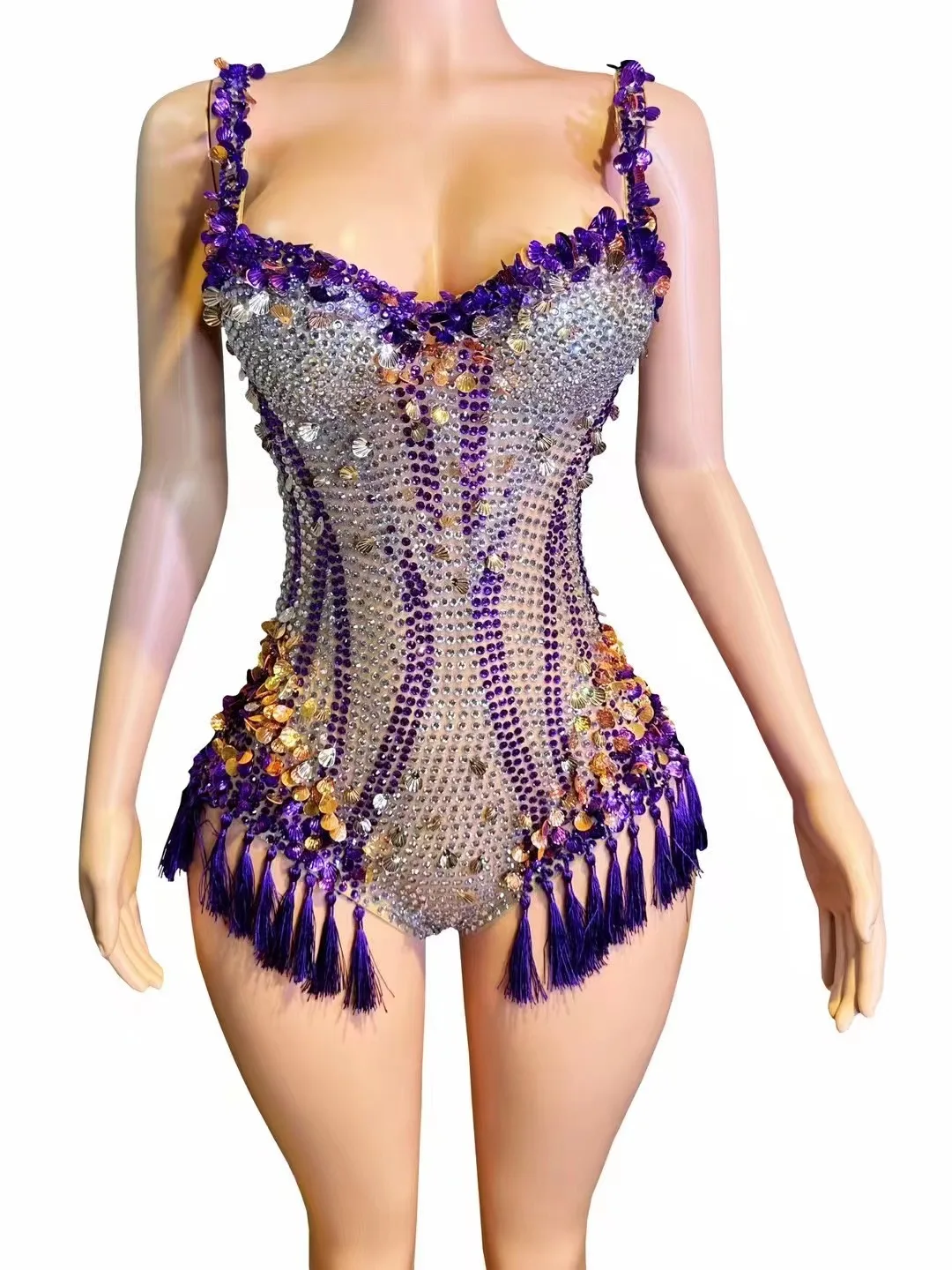 

Sparkly Rhinestones Sequins Tassels V Neck Bodysuit for Women Sexy Performance Dance Costume Nightclub Singer Dancer Stage Wear